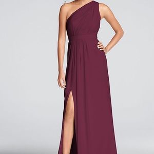 Wine/burgundy colored, one shoulder dress